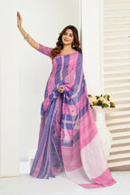 Vastranavya Pink Blue Digital Printed Linen Ready To Wear Designer Saree with Unstitched Blouse | Grocsy