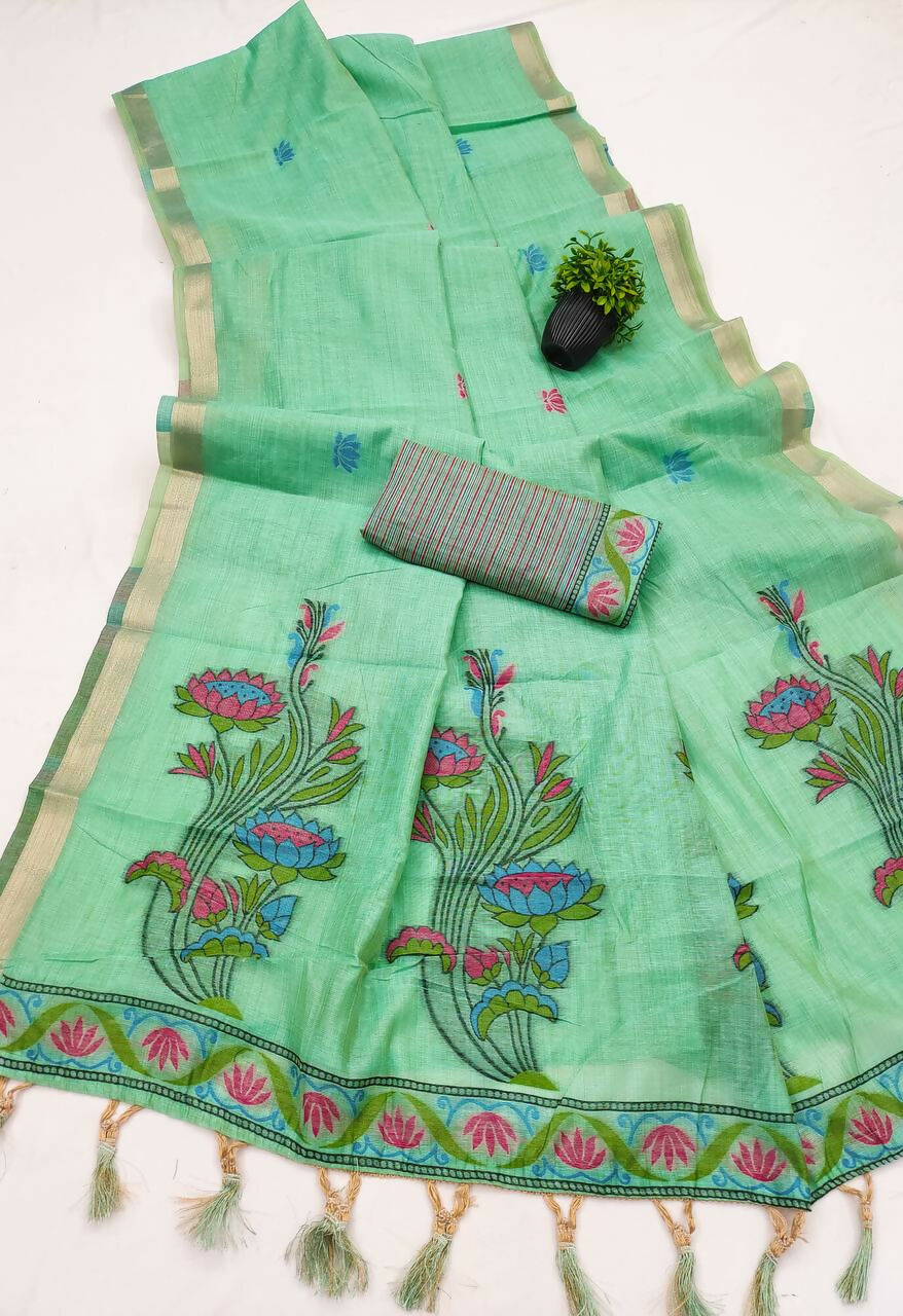 Vastranavya Turquoise Muga Cotton Meenakari & Azarakh Pallu Saree with Contrast Blouse | Grocsy
