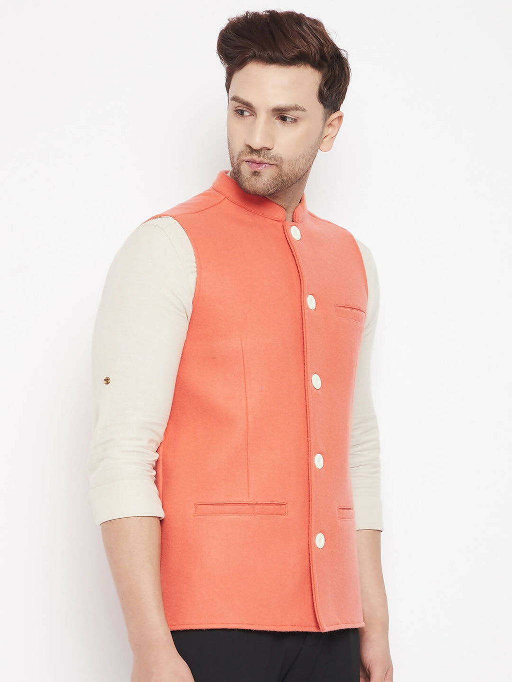 Even Apparels Orange Wool Men Woven Nehru Jacket | Grocsy