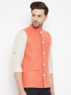Even Apparels Orange Wool Men Woven Nehru Jacket | Grocsy