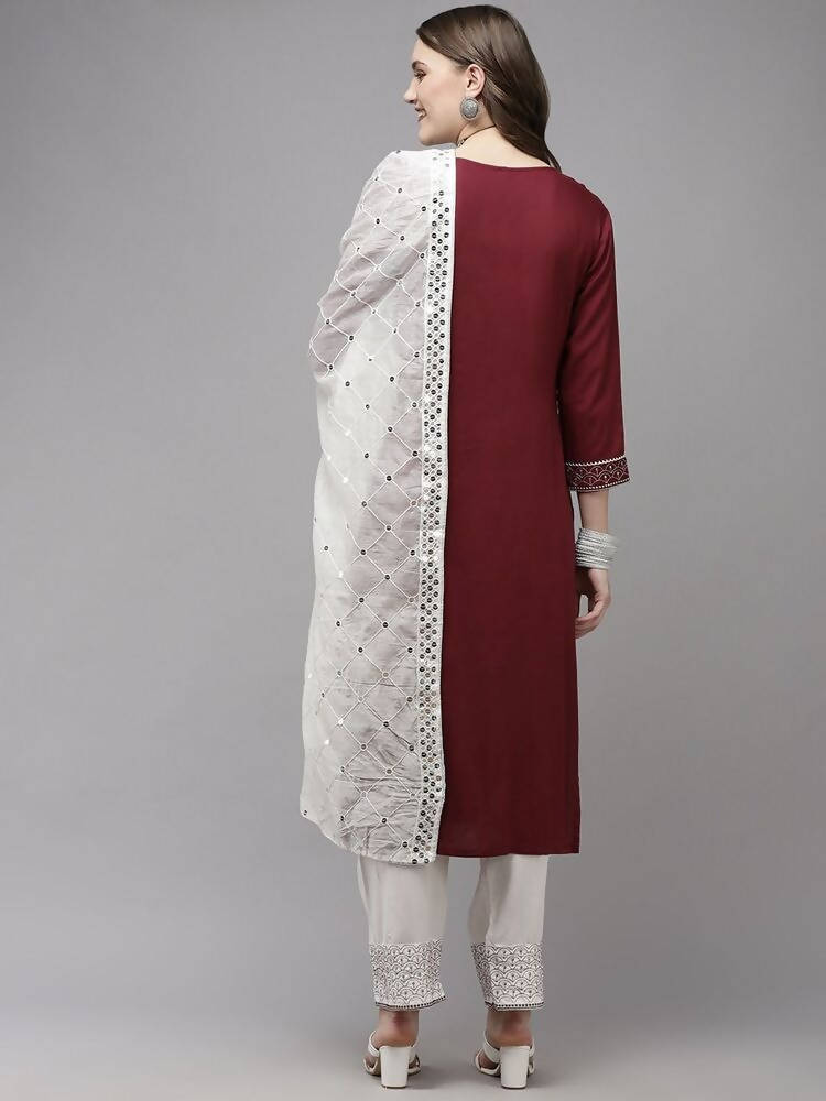 Yufta Women Burgundy Yoke Design Regular Sequinned Kurta with Palazzos & With Dupatta | Grocsy
