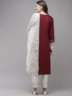 Yufta Women Burgundy Yoke Design Regular Sequinned Kurta with Palazzos & With Dupatta | Grocsy