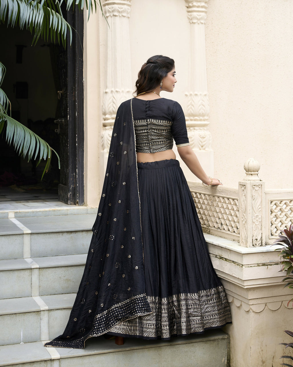 Lorenvalley Black Pure Chanderi Plain With Zari Weaving Work Border Lehenga Choli | Grocsy