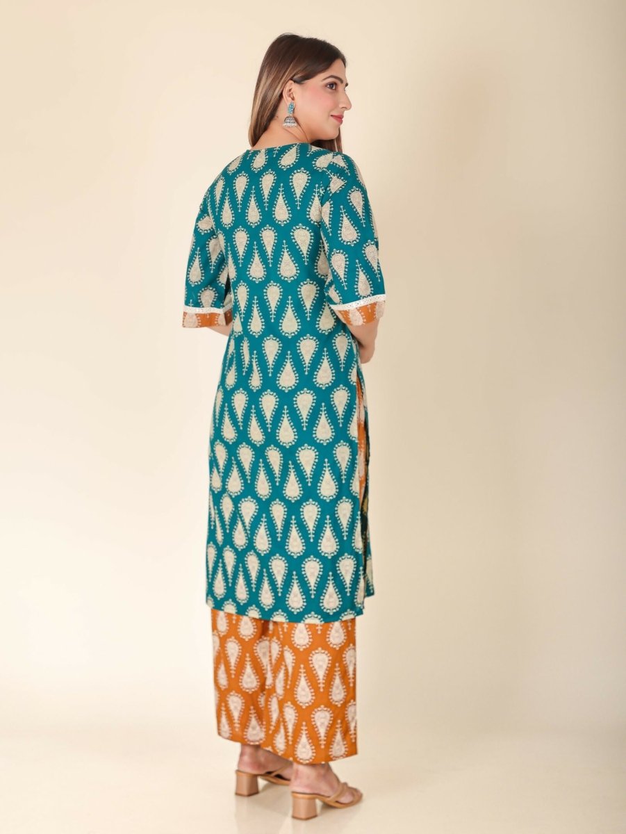 Aramya Turquoise Soft Cotton Floral Print Straight Kurta Set for Women | Grocsy