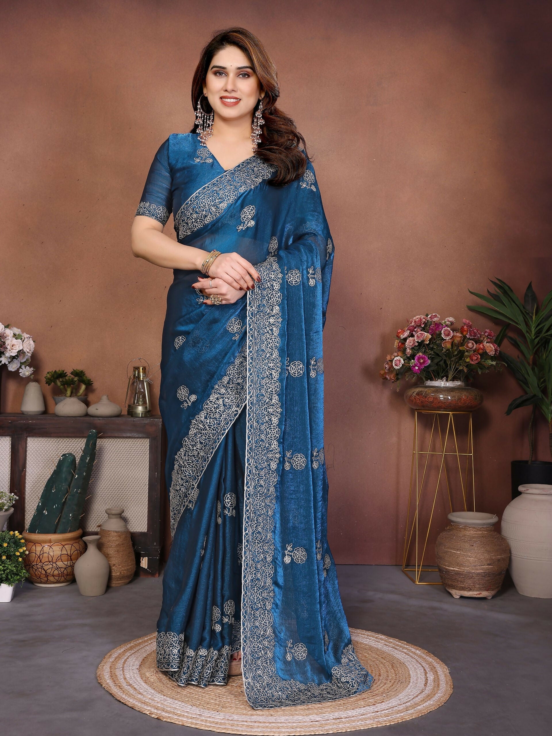 Teeya Creation New Trendy Party Wear Soft Satin Chiffon Saree-Blue | Grocsy