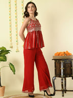 Myshka Women's Red Georgette Top With Palazzos Party Sets | Grocsy