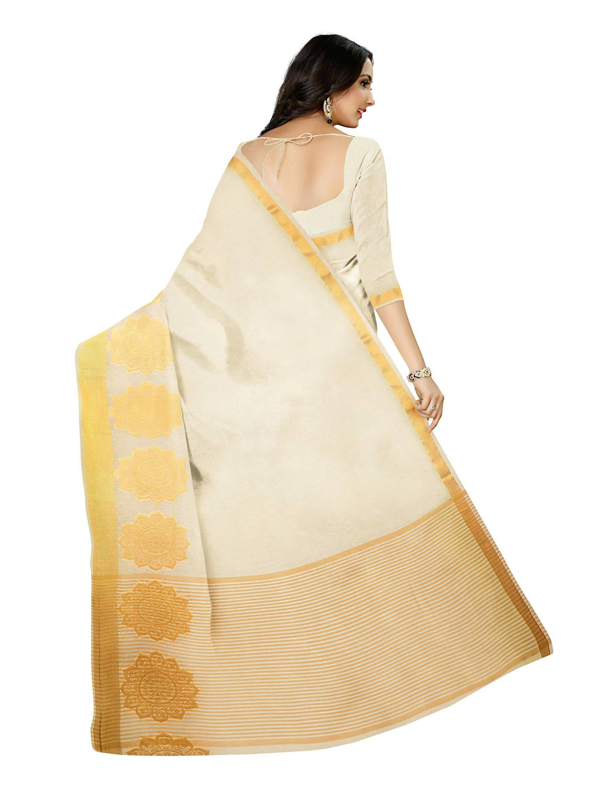 Mimosa Women's Off White Linen Blend Kasavu Saree | Grocsy