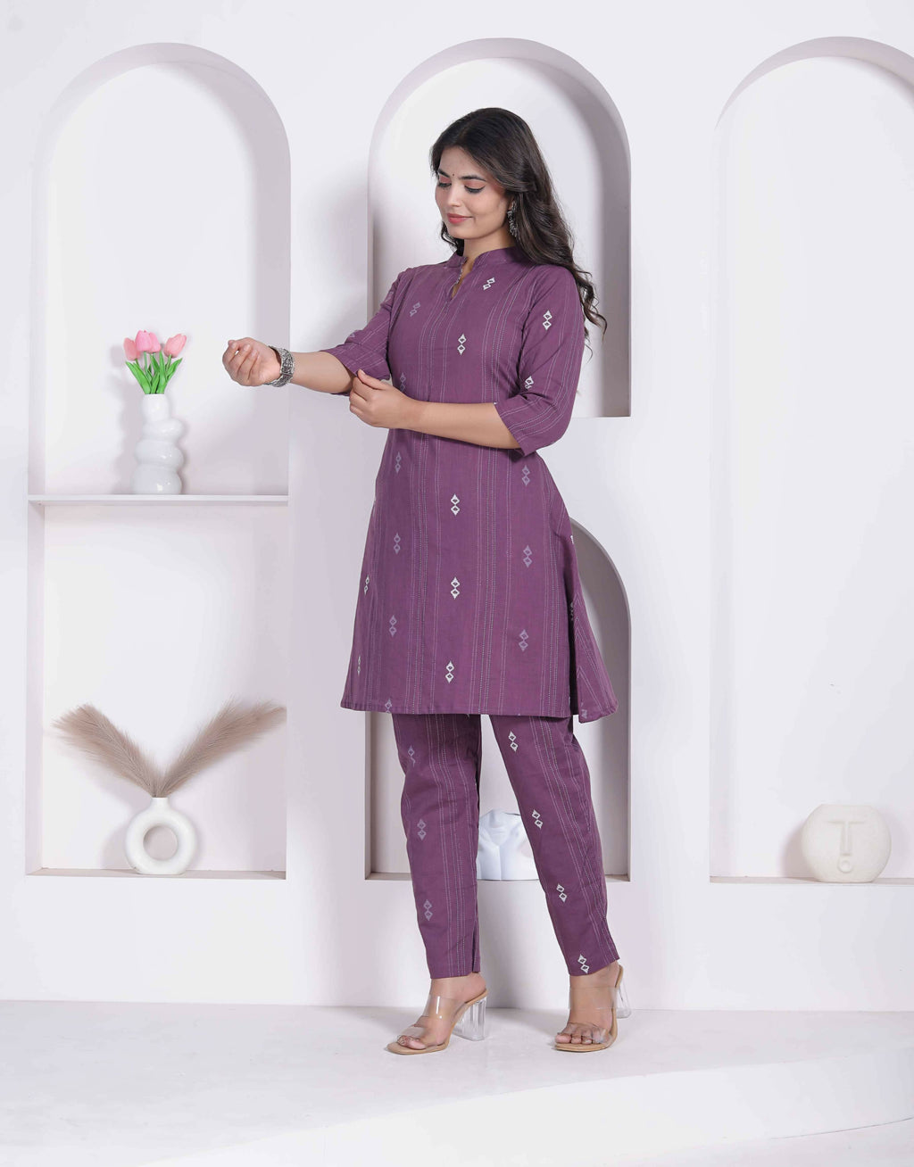 Miravan Womens Abstract Printed Wine Kurta Set | Grocsy