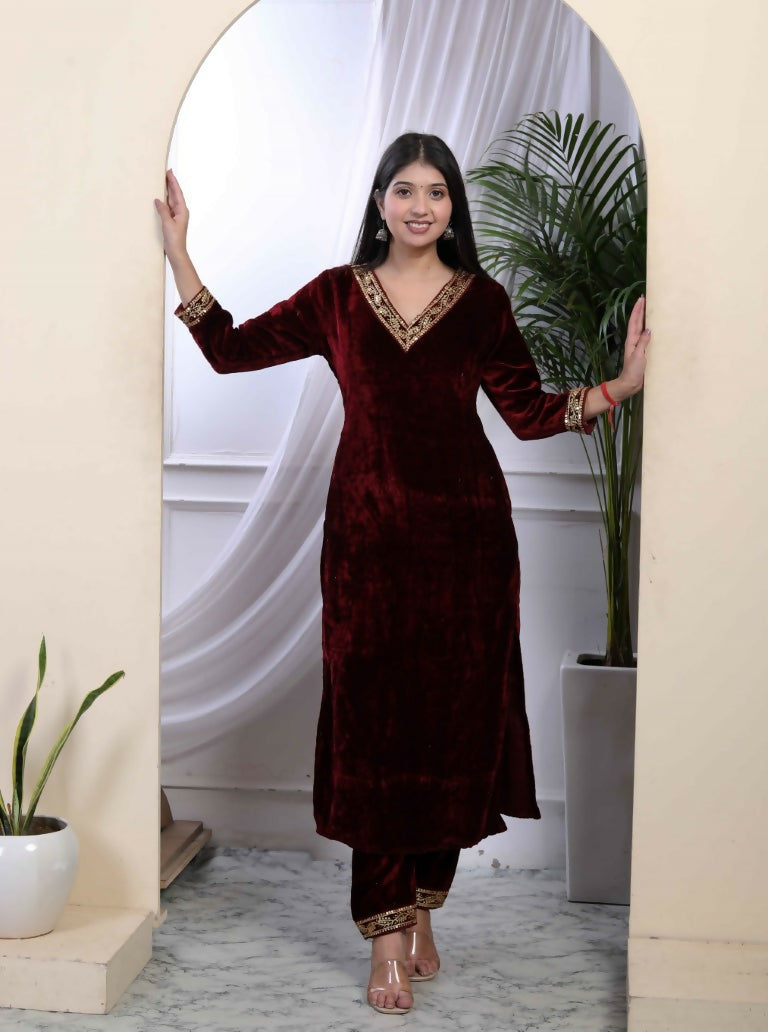 Miravan Women's Maroon Velvet Sequence Work Straight Kurta With Palazzo | Grocsy