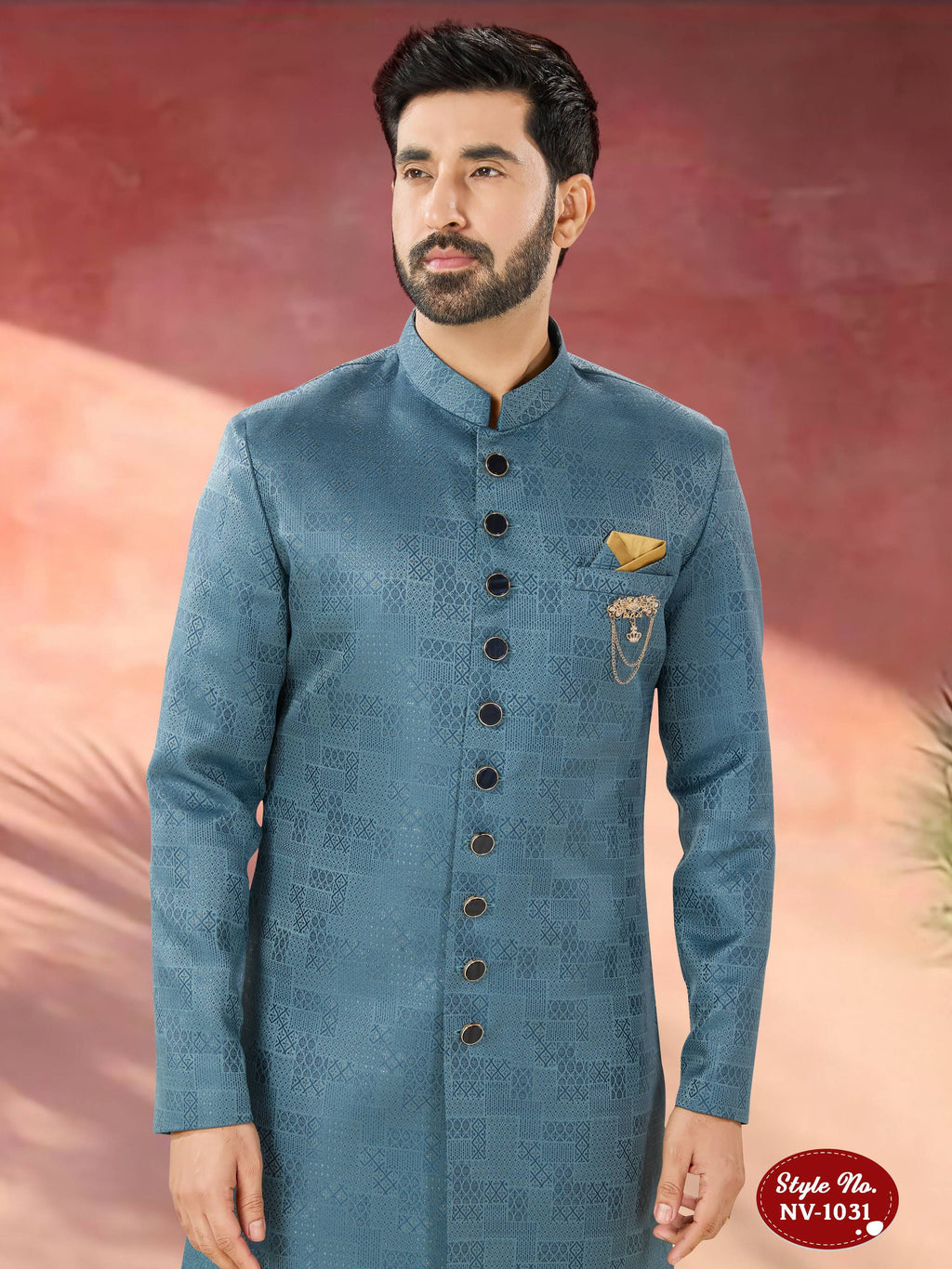 Joban Fashion Men's Blue Straight Imported Tr Self-Design In Fabric Indo-Western Kurta Set | Grocsy