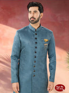 Joban Fashion Men's Blue Straight Imported Tr Self-Design In Fabric Indo-Western Kurta Set | Grocsy