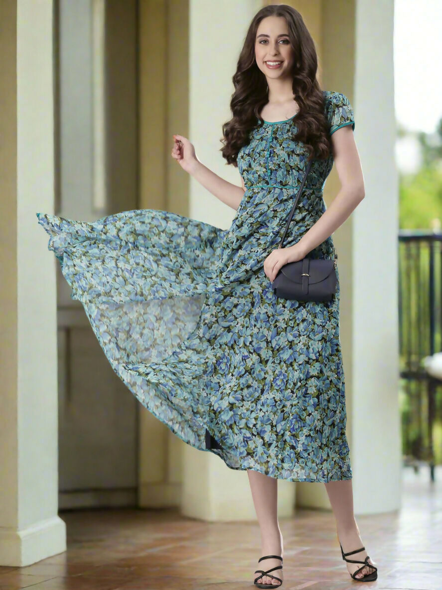 Souchii Teal & Blue Floral Printed Fit & Flare Dress | Grocsy