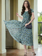 Souchii Teal & Blue Floral Printed Fit & Flare Dress | Grocsy