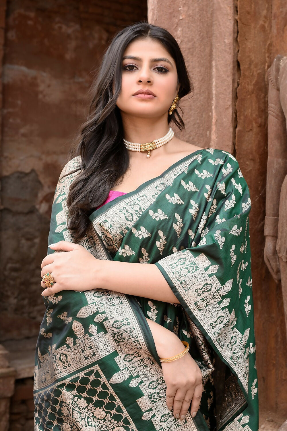 Joban Fashion Emerald Green Banarasi Katan Pure Handloom Banarasi Silk Saree | Grocsy