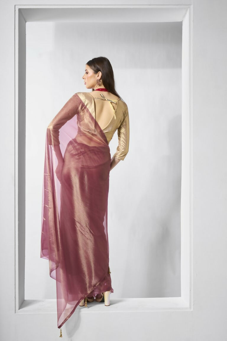Onion Gold Tissue Net Solid & Gold Cotted Saree - Samaa | Grocsy