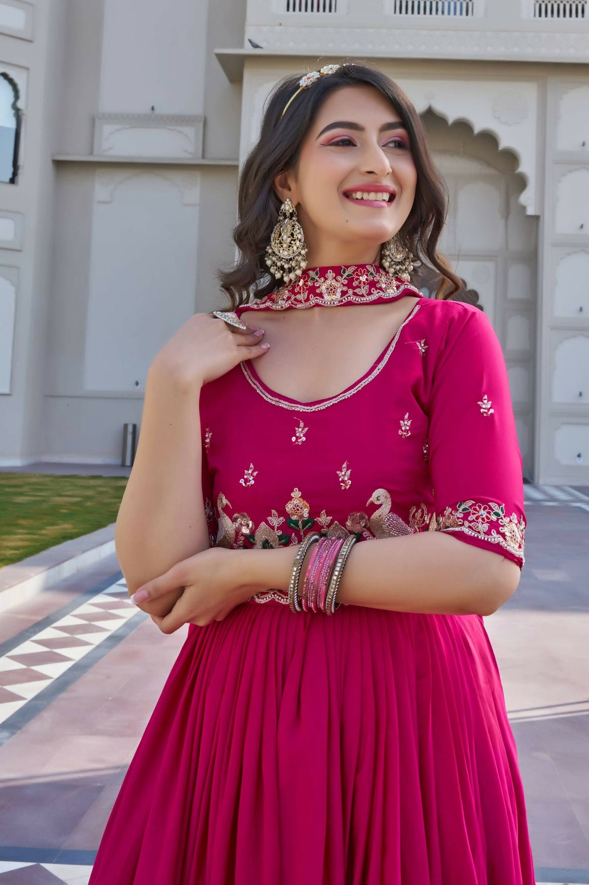 Teeya Creation Womens New Trendy Heavy Cording Sequence & Beads Embroidery Work Pink Gown Set | Grocsy