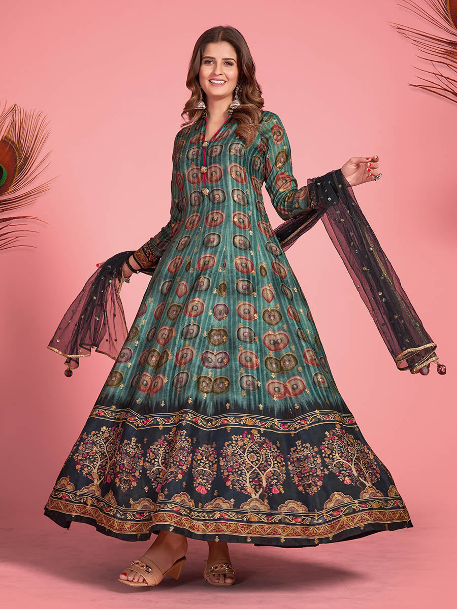 Myra Multicolour Pure Dola Silk Designer Gown Style Suit | Grocsy