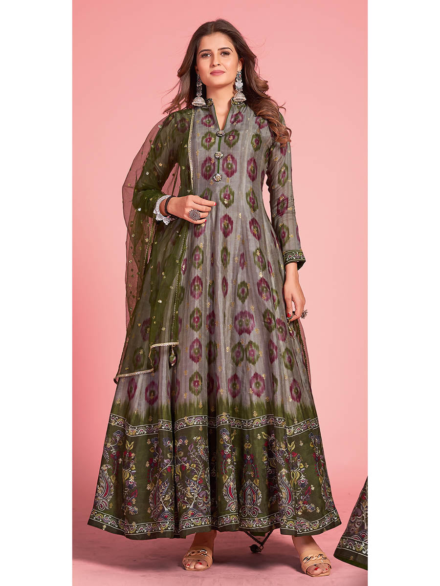Myra Multicolour Pure Dola Silk Designer Gown Style Suit | Grocsy