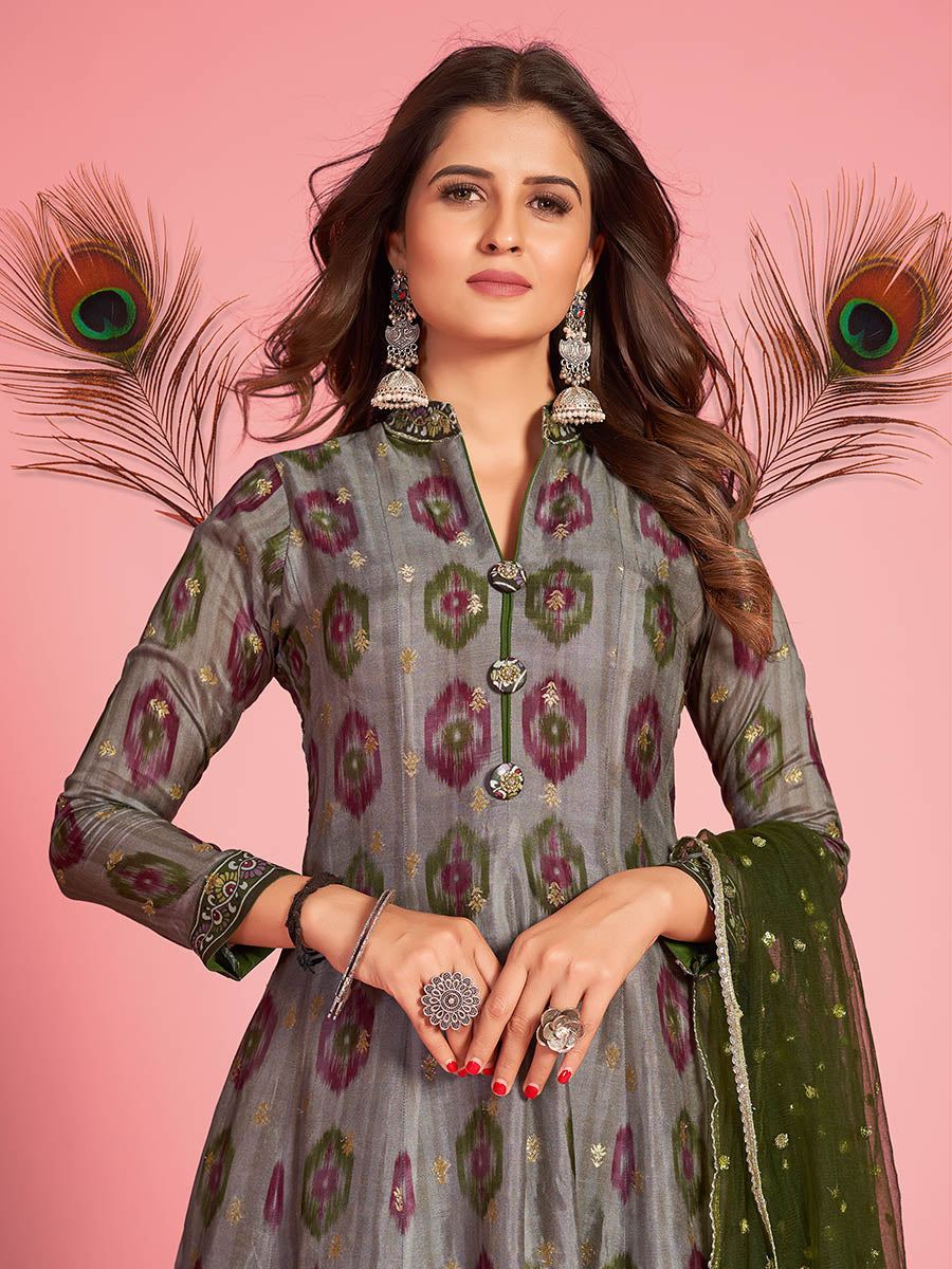 Myra Multicolour Pure Dola Silk Designer Gown Style Suit | Grocsy