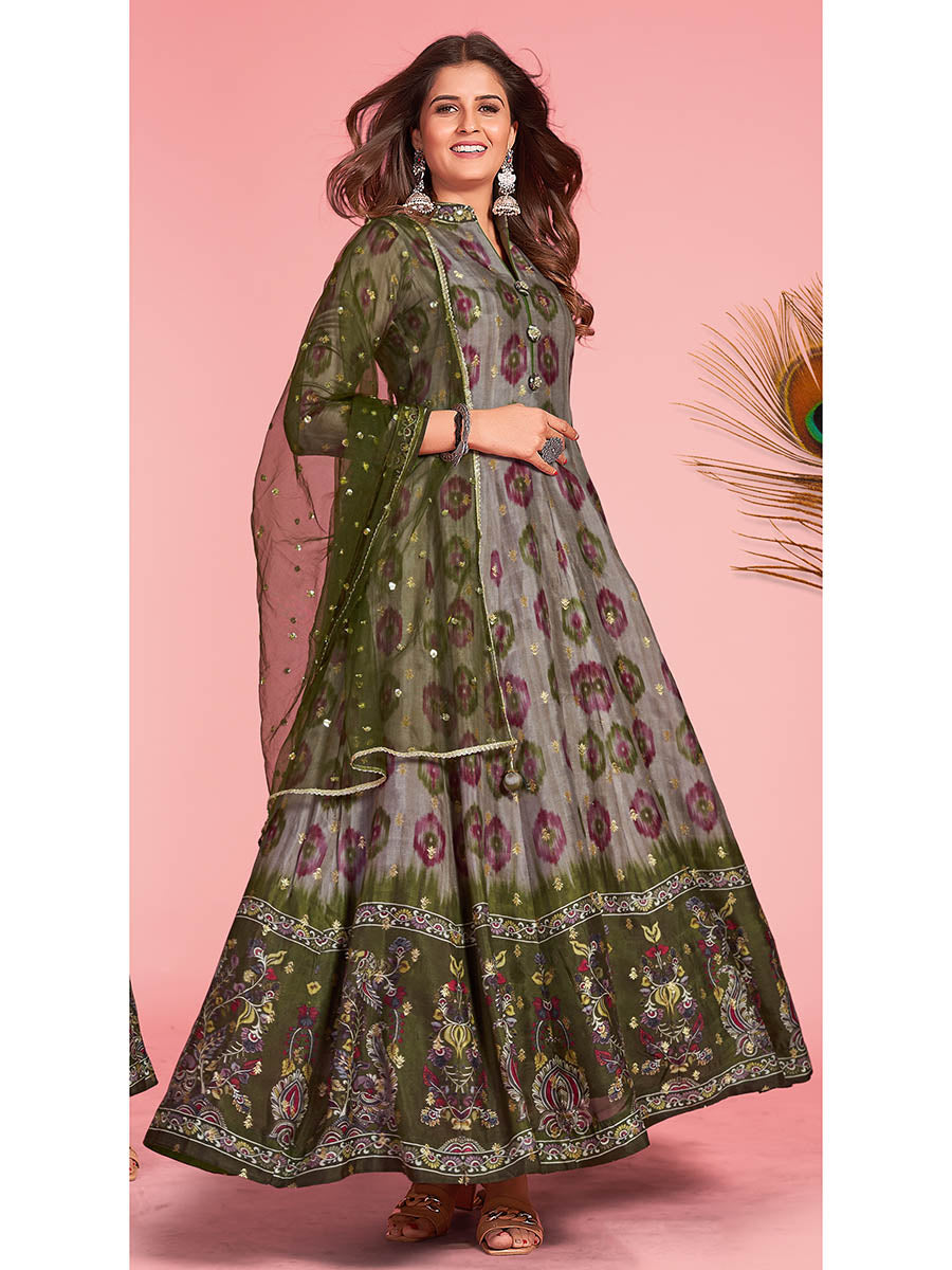 Myra Multicolour Pure Dola Silk Designer Gown Style Suit | Grocsy