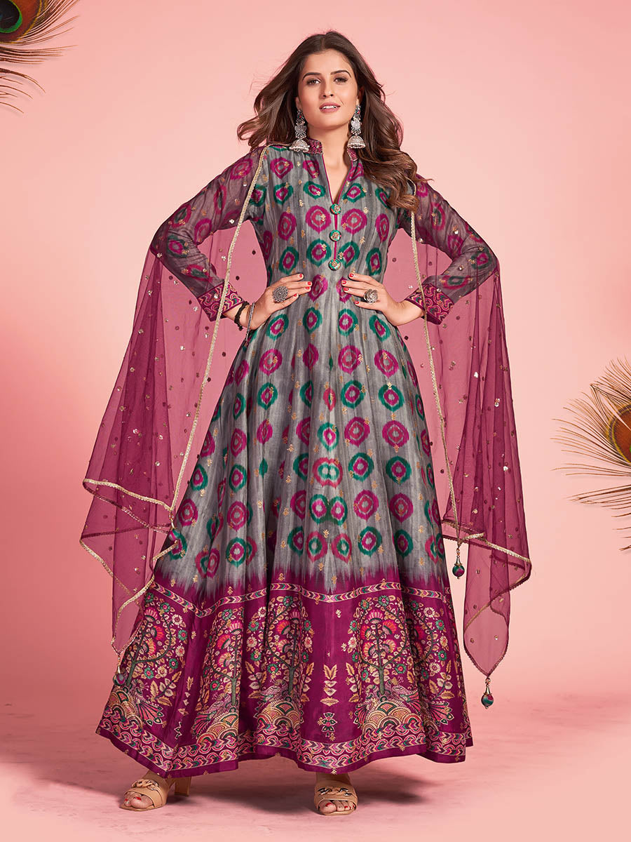 Myra Multicolour Pure Dola Silk Designer Gown Style Suit | Grocsy
