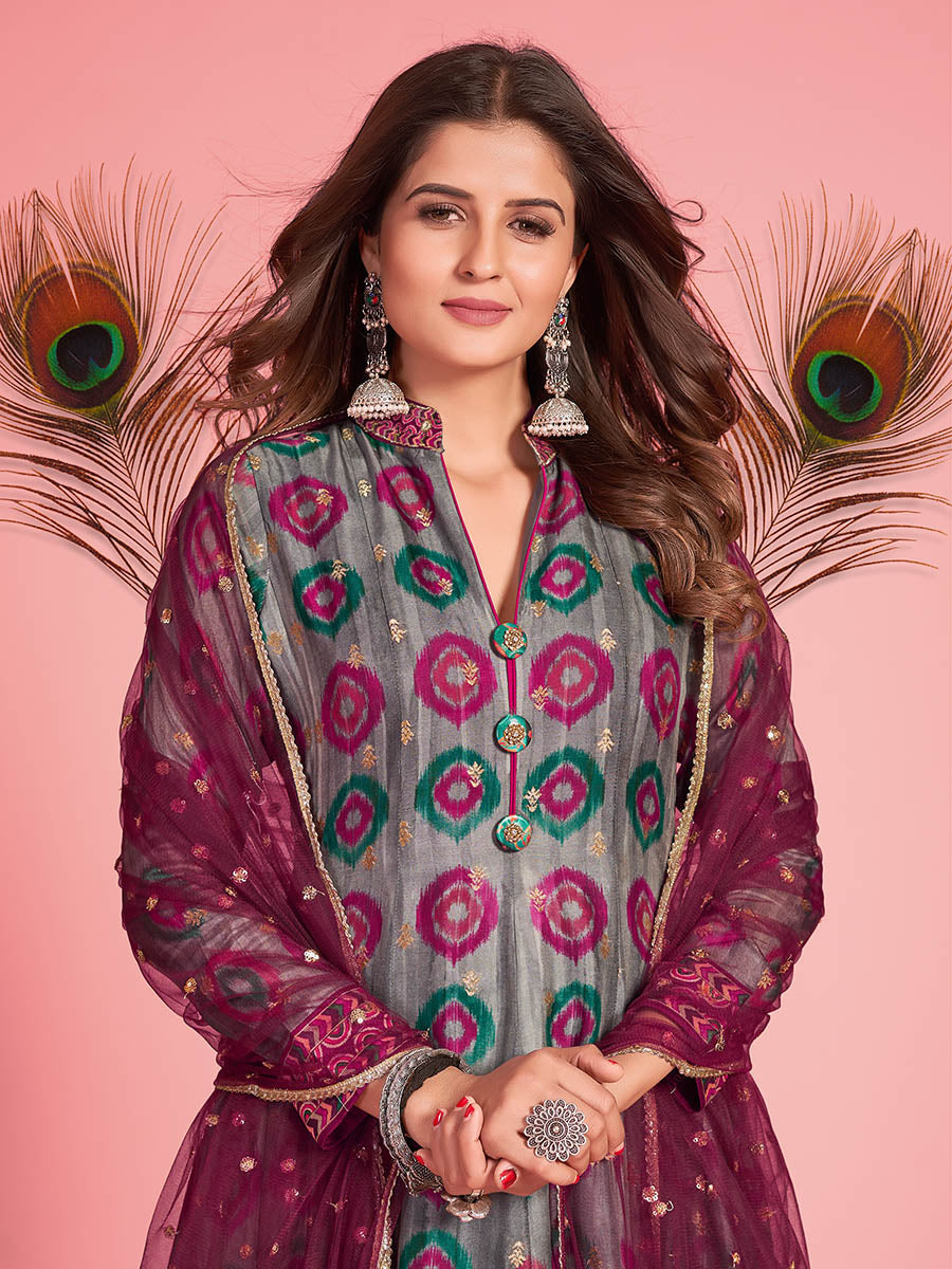 Myra Multicolour Pure Dola Silk Designer Gown Style Suit | Grocsy