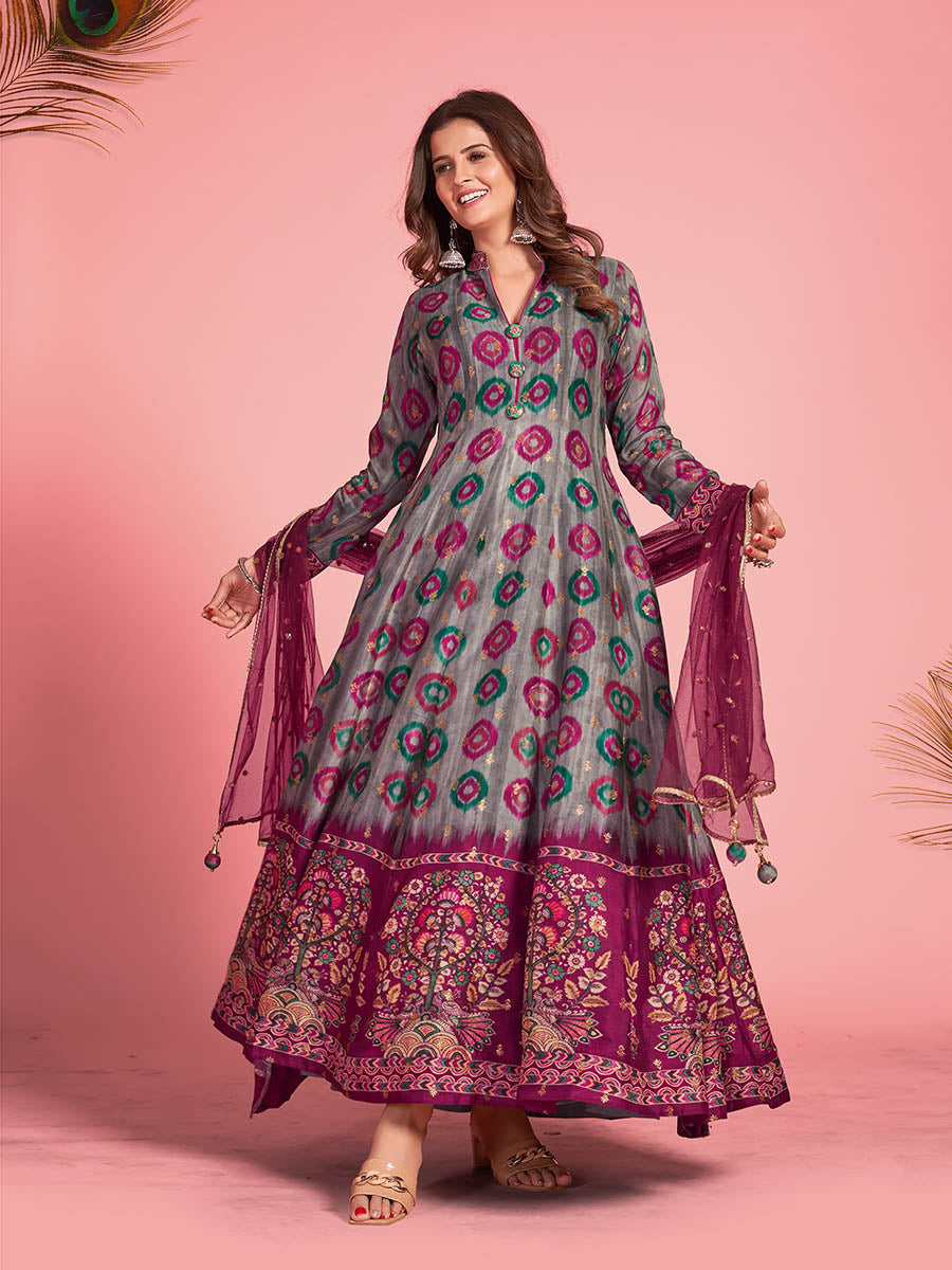 Myra Multicolour Pure Dola Silk Designer Gown Style Suit | Grocsy
