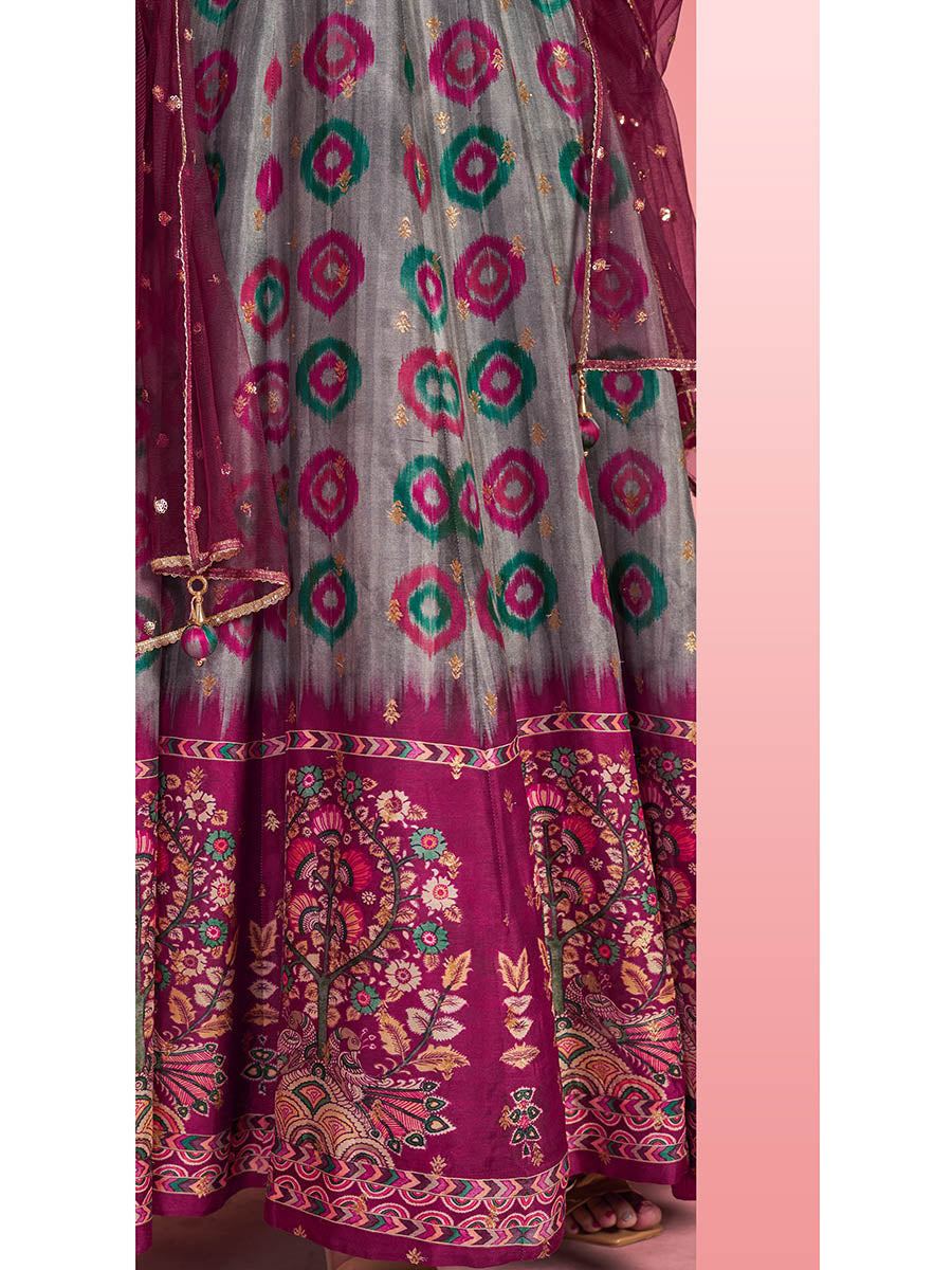 Myra Multicolour Pure Dola Silk Designer Gown Style Suit | Grocsy