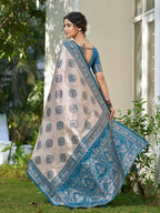 Shree Shyam Fashion Cream With Blue Silk Blend Saree | Grocsy