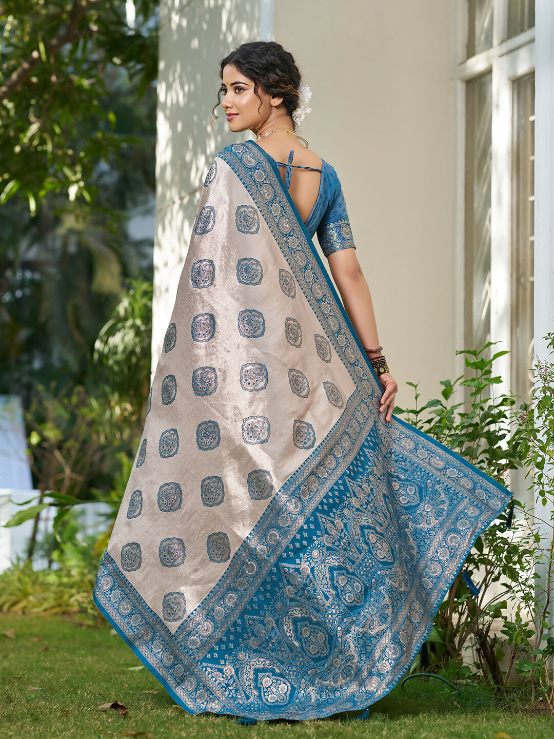 Shree Shyam Fashion Cream With Blue Silk Blend Saree | Grocsy