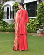 Vaasva Women's Silk Red Emboidered Solid Kurta, Sharara & Dupatta Set | Grocsy