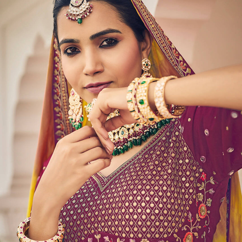 Wine Heavy Viscose Khatli, Embroidery & Mirror Work Unstitched Lehenga Choli - Sisha Keshav | Grocsy