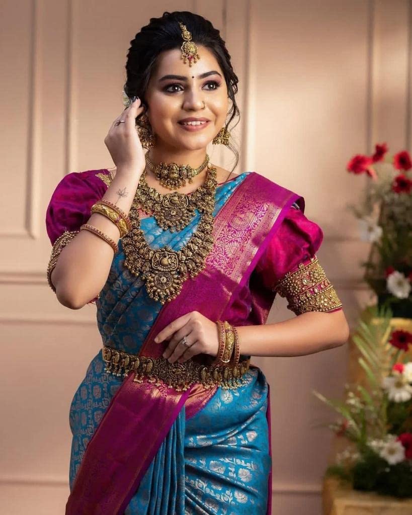 Vamika Weaving Banarasi Jacquard Sky Blue Kanjivaram Saree | Grocsy