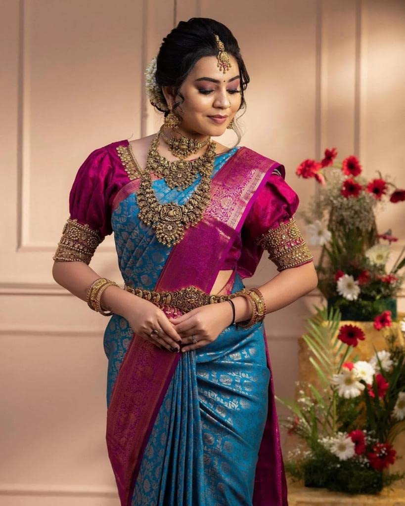 Vamika Weaving Banarasi Jacquard Sky Blue Kanjivaram Saree | Grocsy