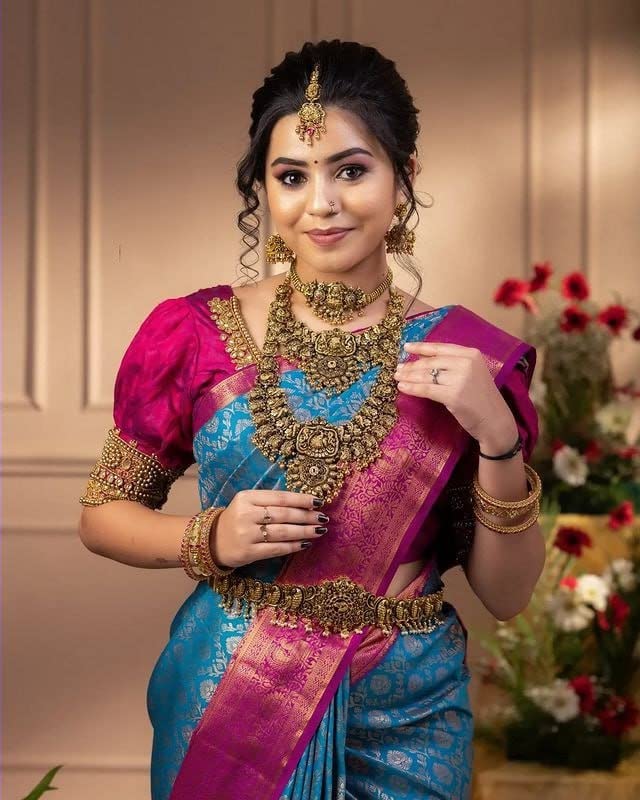 Vamika Weaving Banarasi Jacquard Sky Blue Kanjivaram Saree | Grocsy