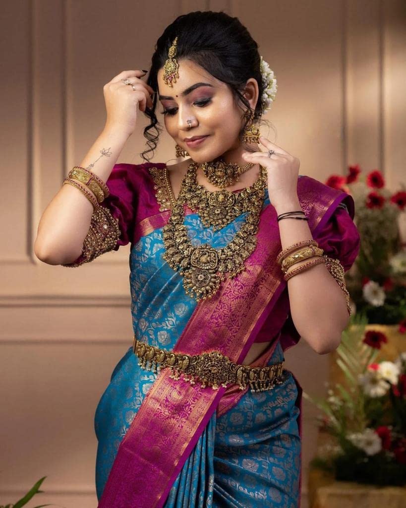 Vamika Weaving Banarasi Jacquard Sky Blue Kanjivaram Saree | Grocsy