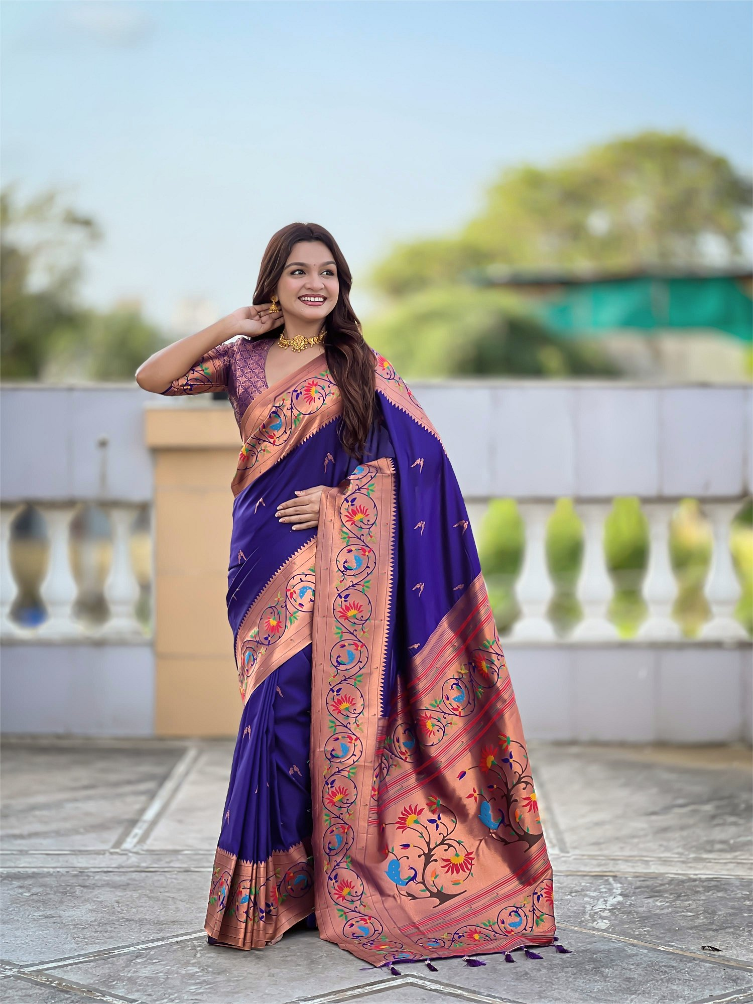 Mameraa Sarees Violet Faux Banarasi Silk Saree With Paithani Rich Weaved Pallu And Blouse-Violet | Grocsy