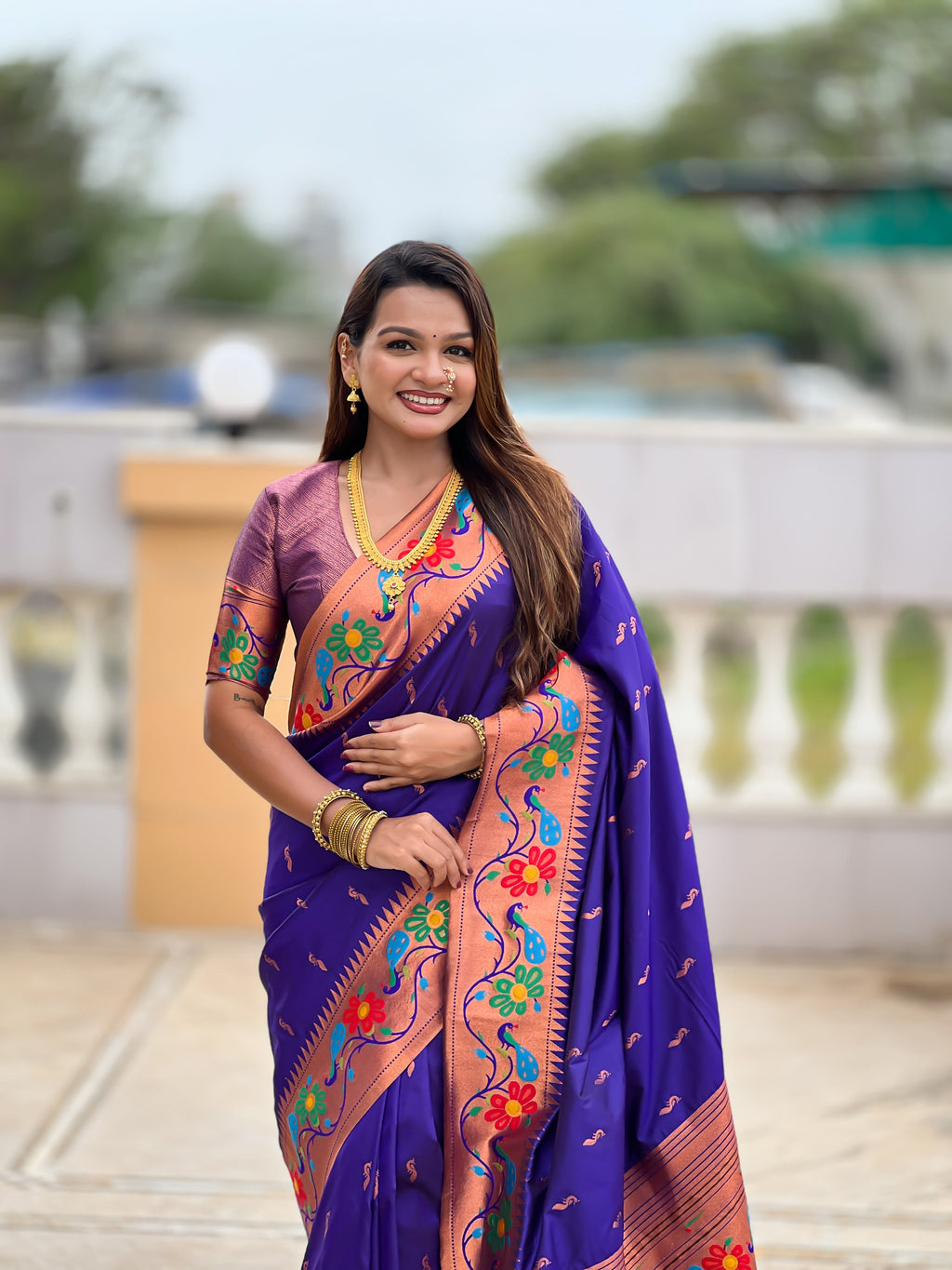 Mameraa Sarees Violet Faux Banarasi Silk Saree With Paithani Rich Weaved Pallu And Blouse-Violet | Grocsy
