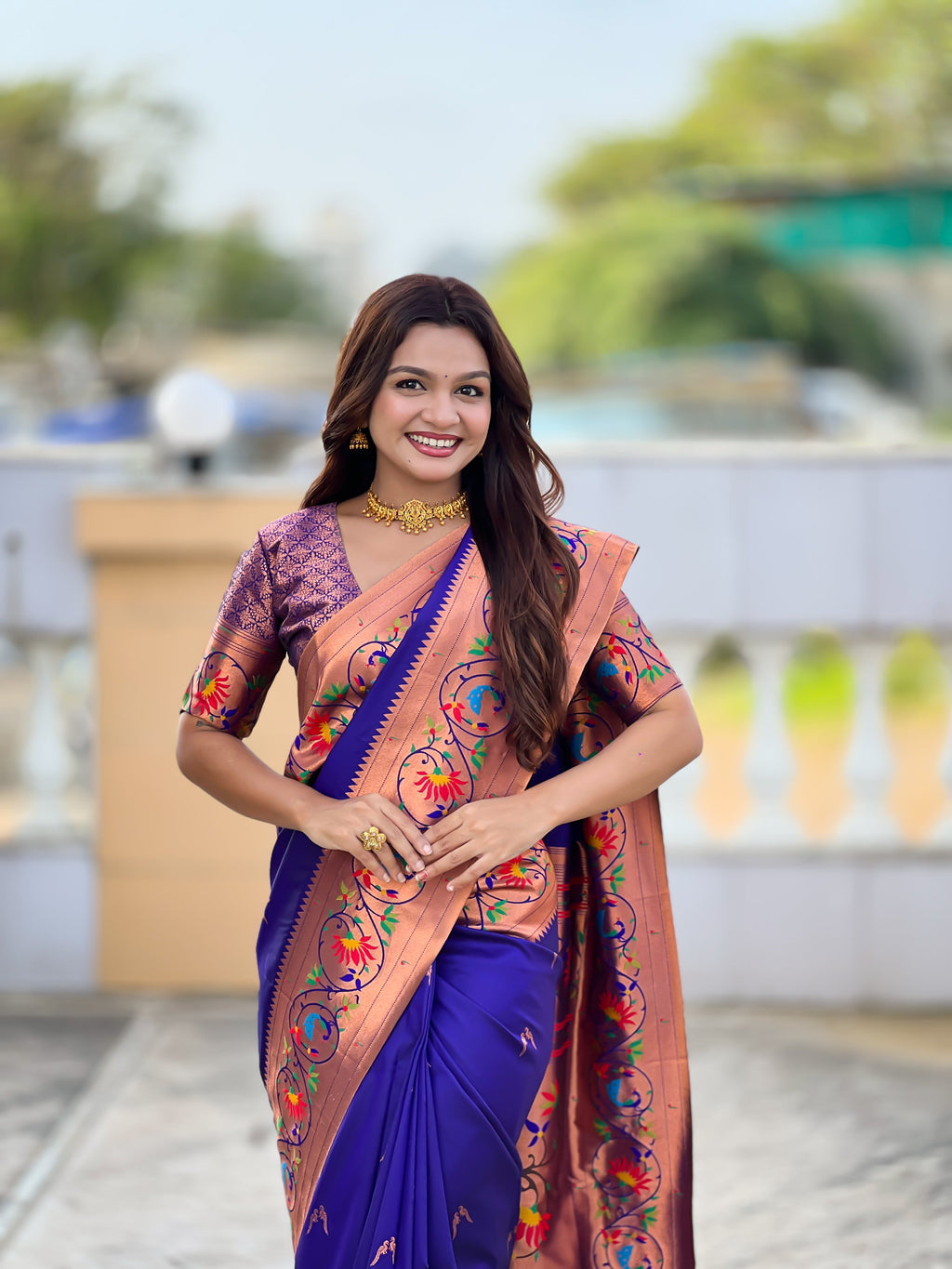 Mameraa Sarees Violet Faux Banarasi Silk Saree With Paithani Rich Weaved Pallu And Blouse-Violet | Grocsy