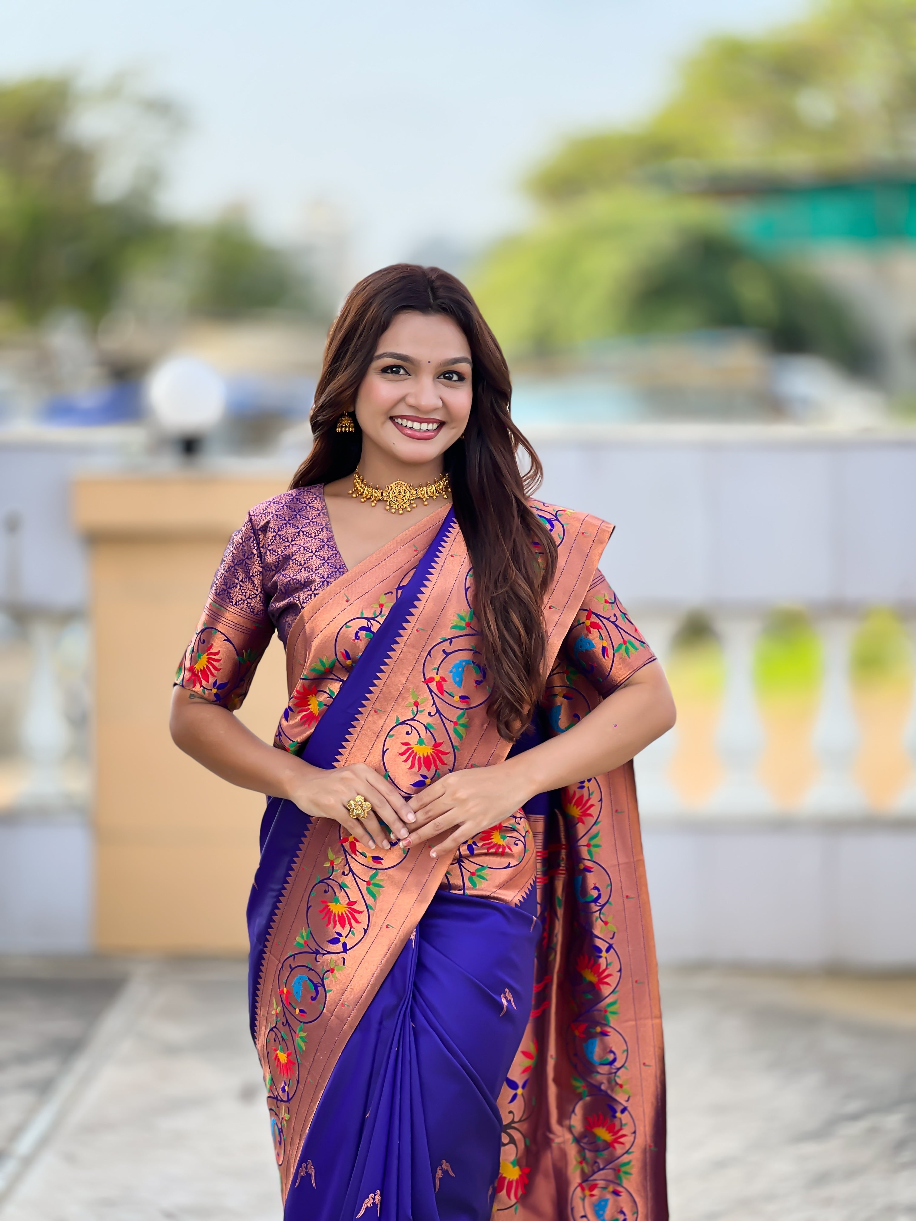 Mameraa Sarees Violet Faux Banarasi Silk Saree With Paithani Rich Weaved Pallu And Blouse-Violet | Grocsy