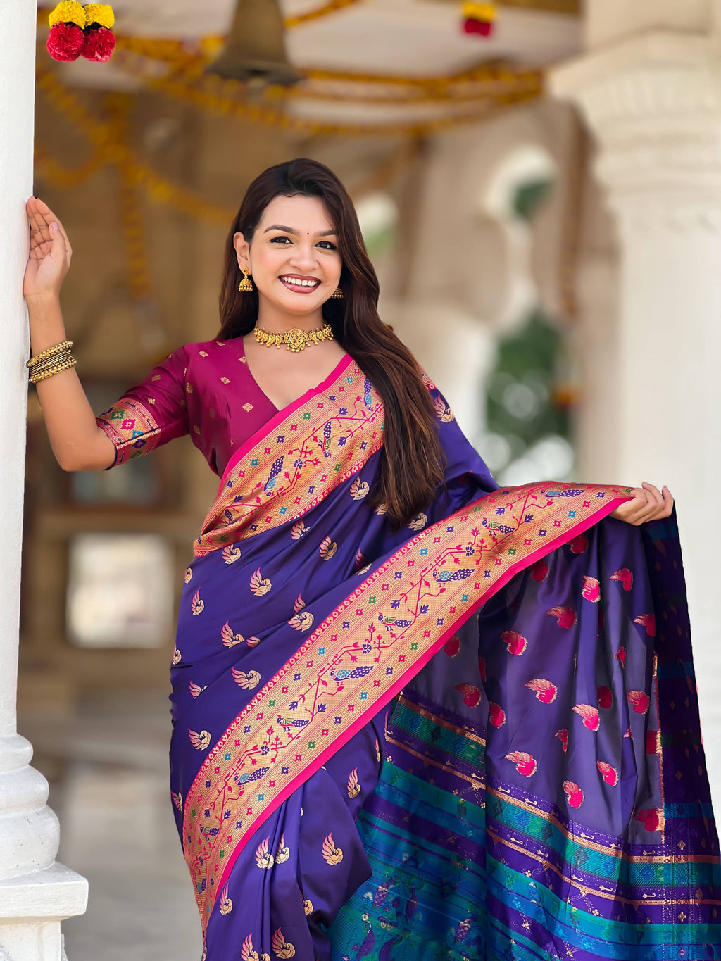 Mameraa Sarees Purple Faux Banarasi Silk Saree With Paithani Rich Weaved Pallu And Blouse-Purple | Grocsy