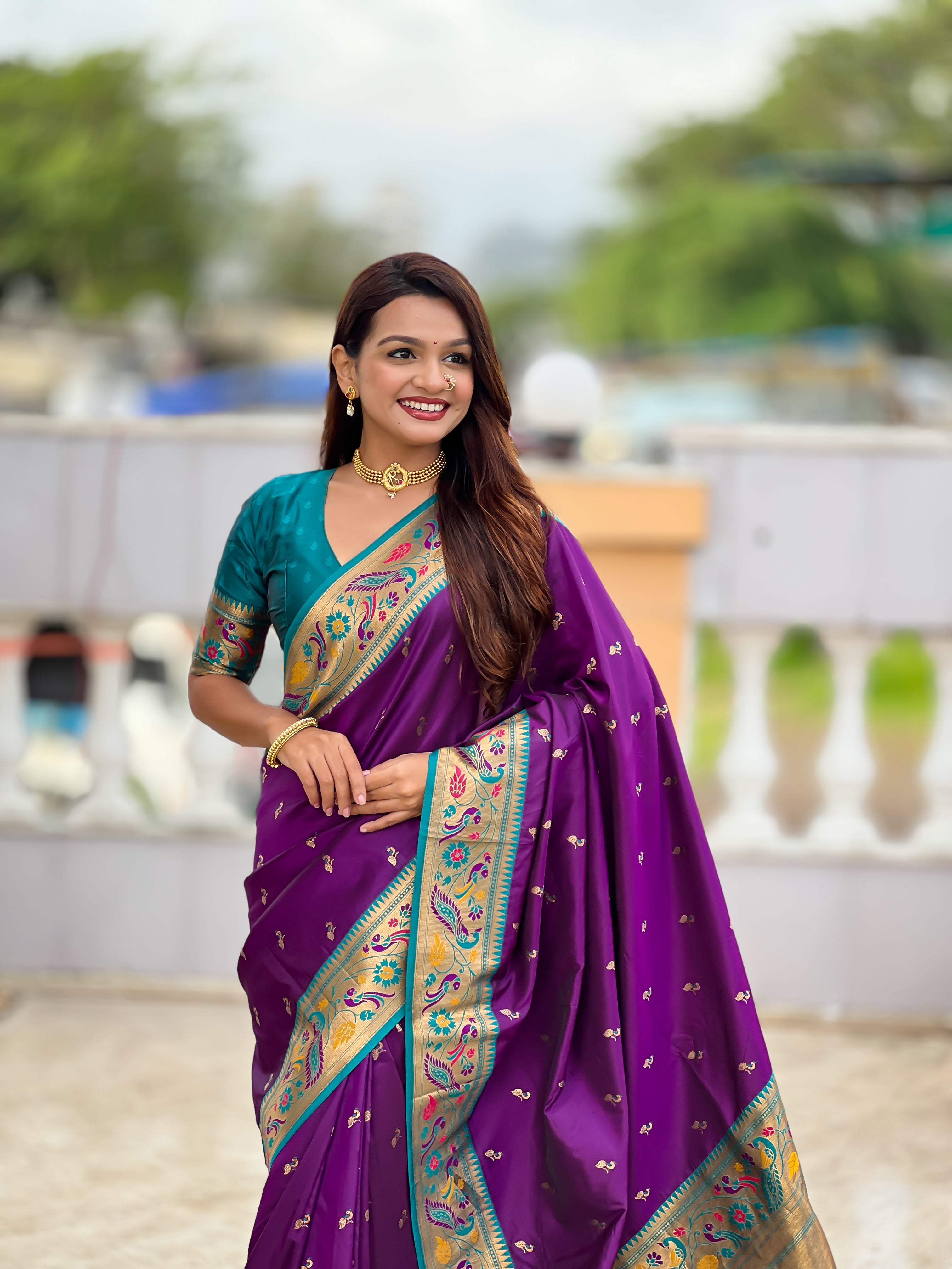 Mameraa Sarees Purple Faux Banarasi Silk Saree With Paithani Rich Weaved Pallu And Blouse-Purple | Grocsy