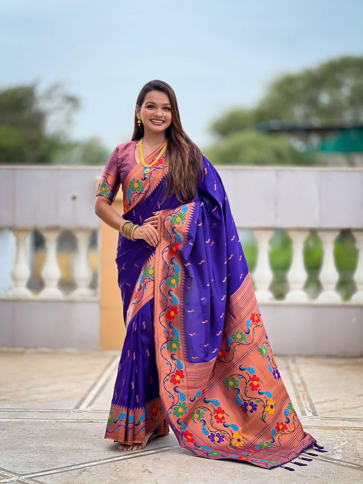 Mameraa Sarees Violet Faux Banarasi Silk Saree With Paithani Rich Weaved Pallu And Blouse-Violet | Grocsy