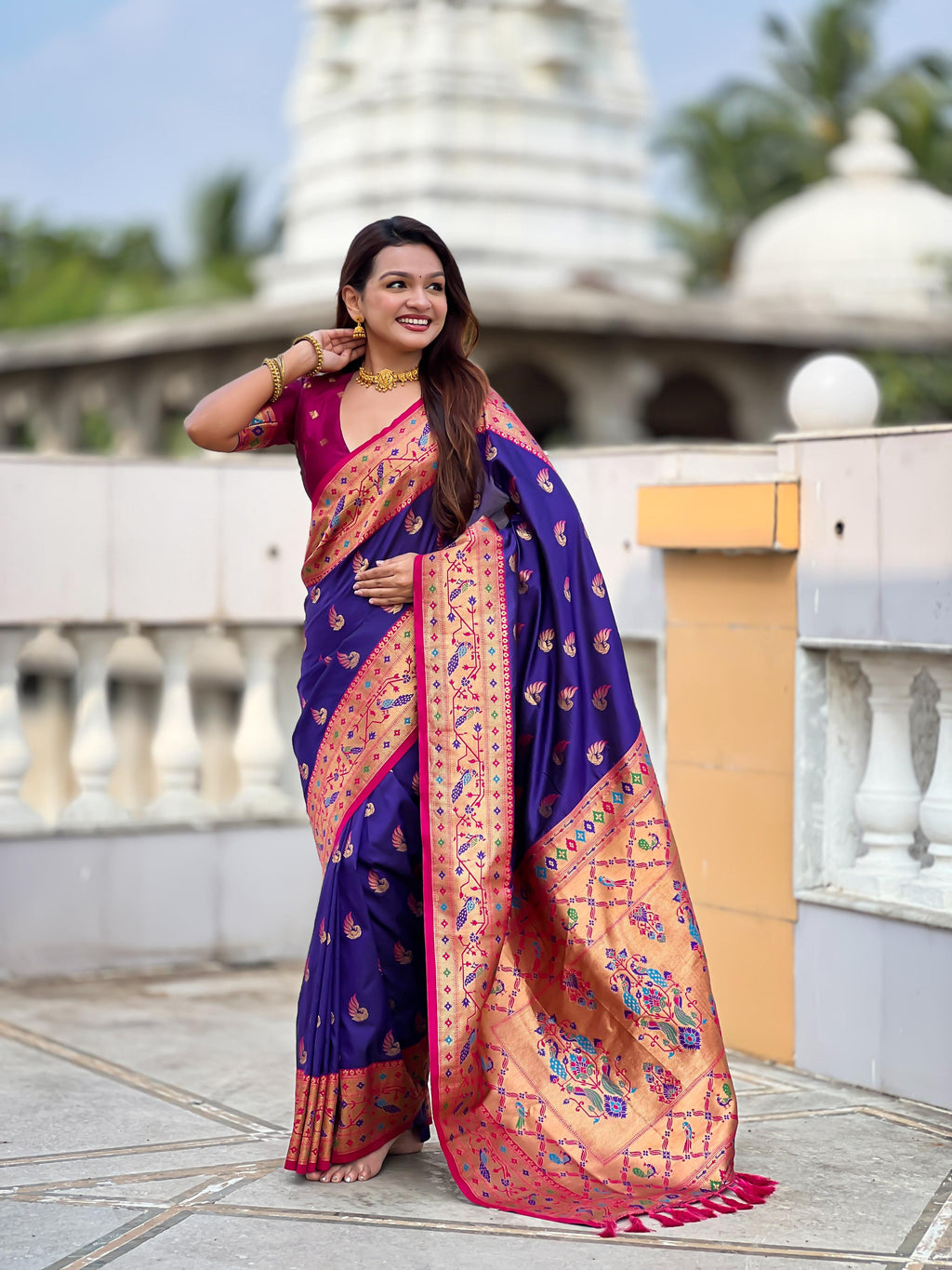 Mameraa Sarees Purple Faux Banarasi Silk Saree With Paithani Rich Weaved Pallu And Blouse-Purple | Grocsy