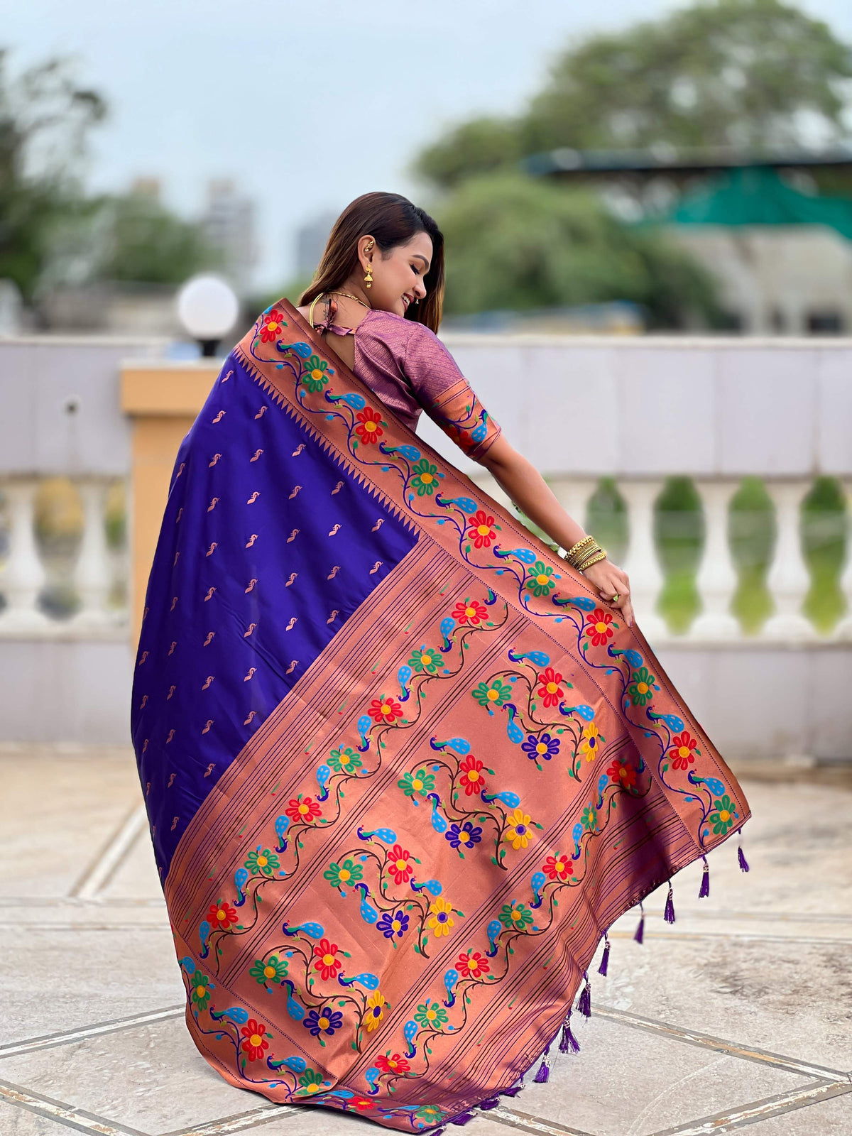 Mameraa Sarees Violet Faux Banarasi Silk Saree With Paithani Rich Weaved Pallu And Blouse-Violet | Grocsy