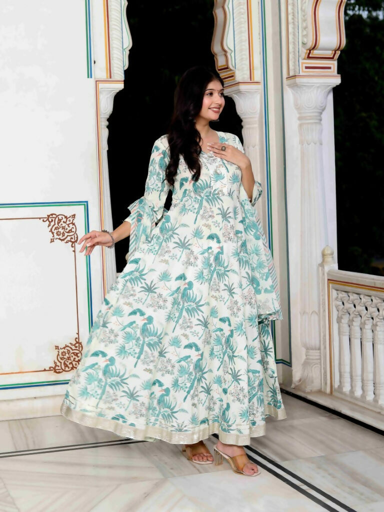 Miravan Women's Light Green Birds And Leaf Floral Printed Anarkali Kurta And Dupatta Set | Grocsy