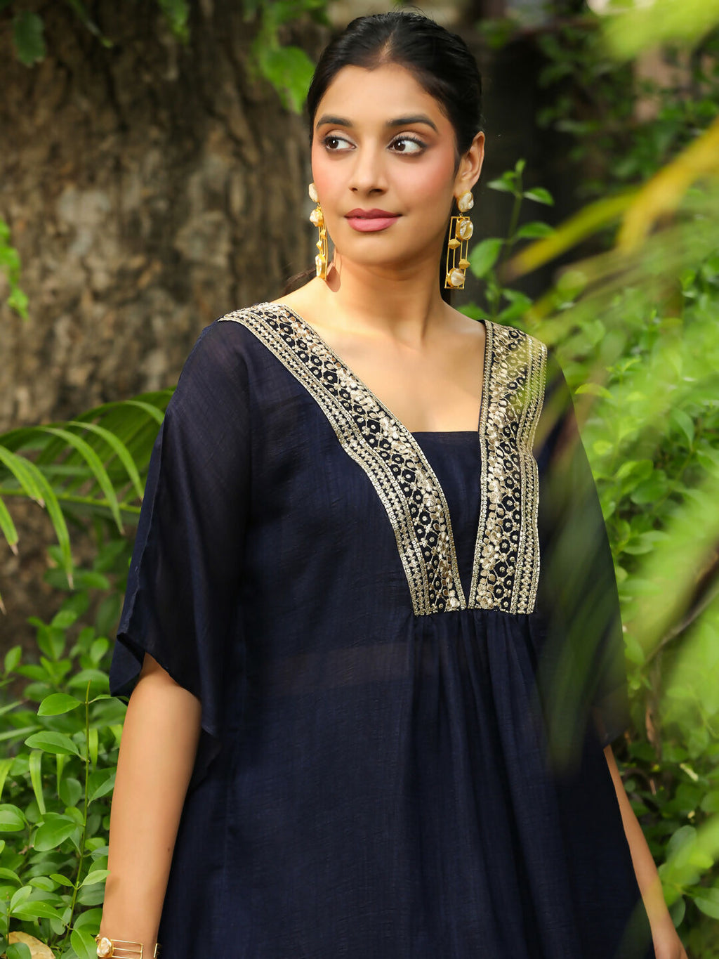 Janasya Navy Blue Silk Blend Yoke Embroidery Co-Ords | Grocsy