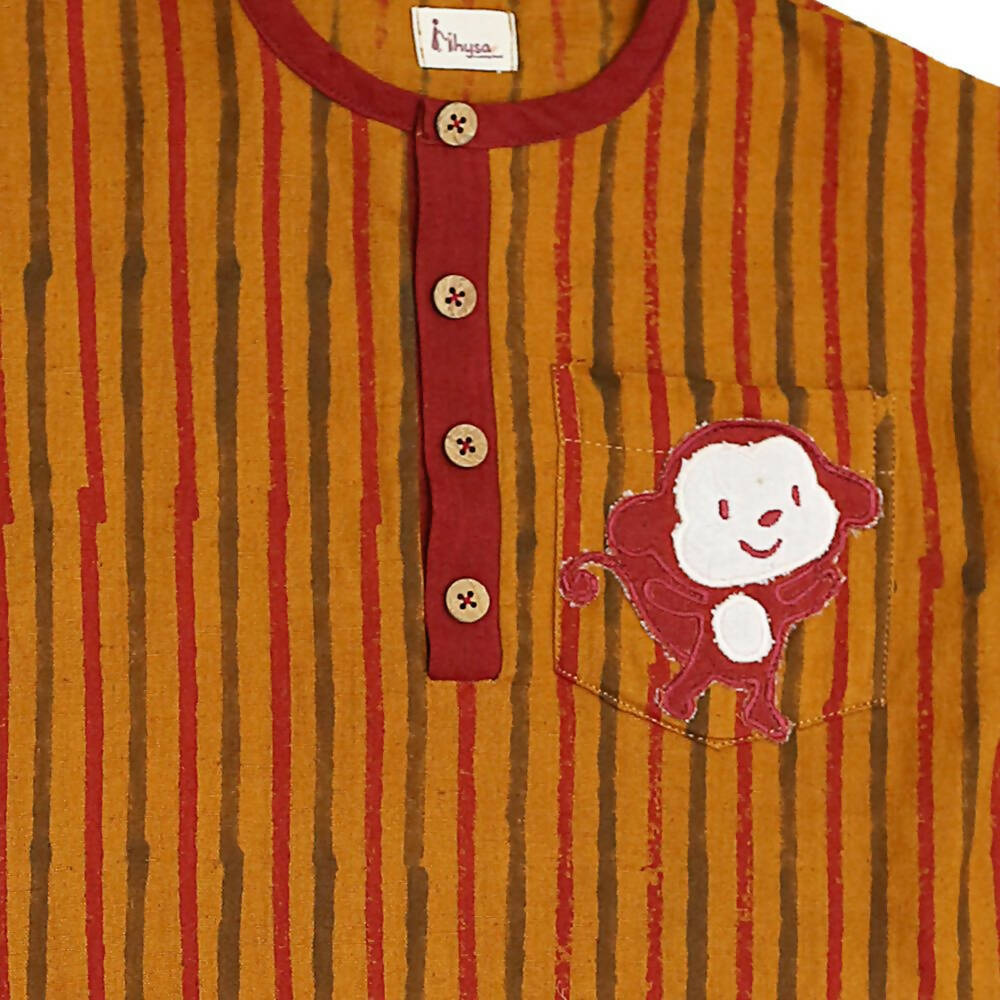 Mhyssa Kong Full sleeve Orange Kurta with Maroon Shorts Set For Kids | Grocsy