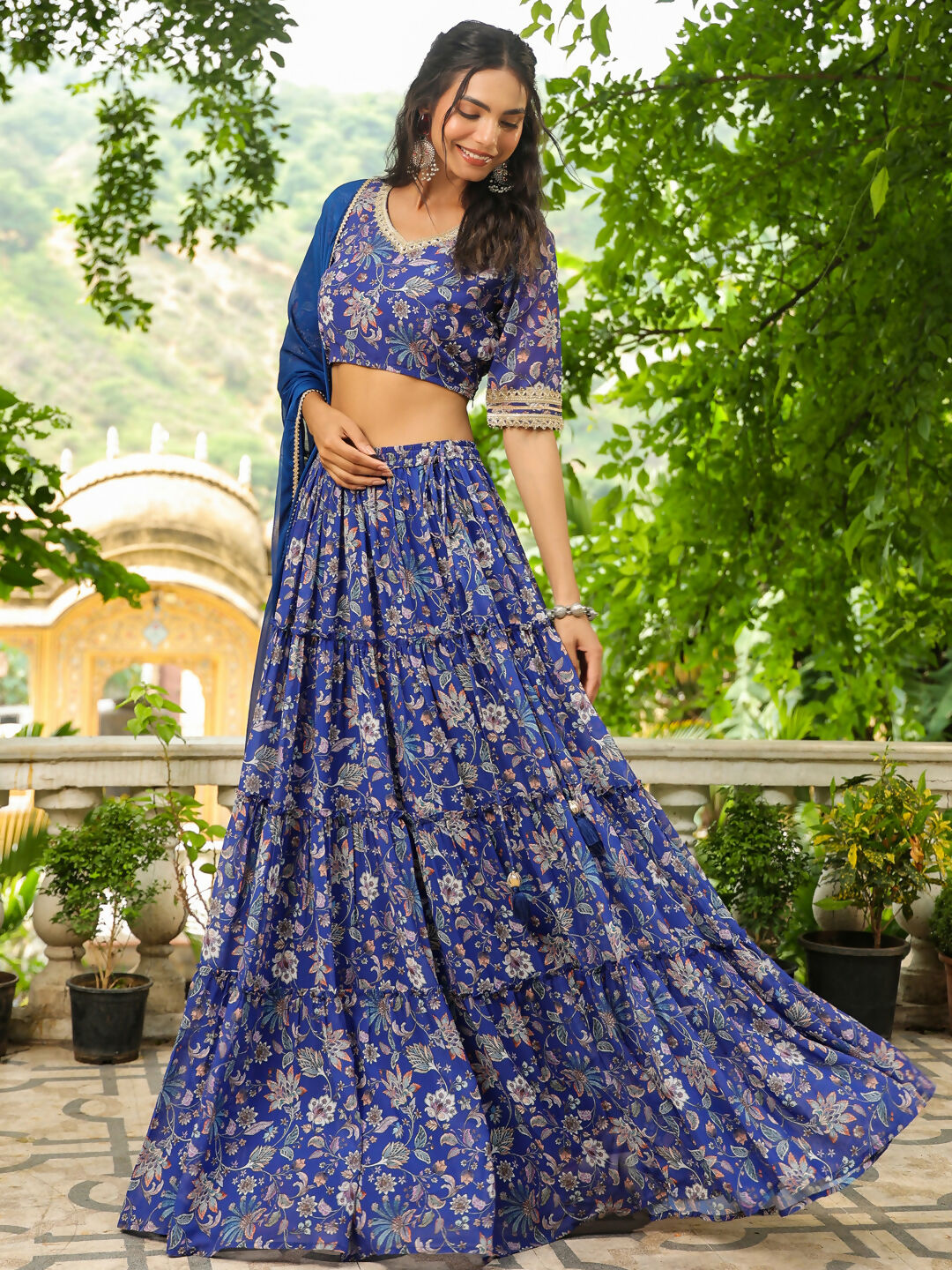 Janasya Blue Georgette Floral Lehenga Choli Dupatta | Grocsy