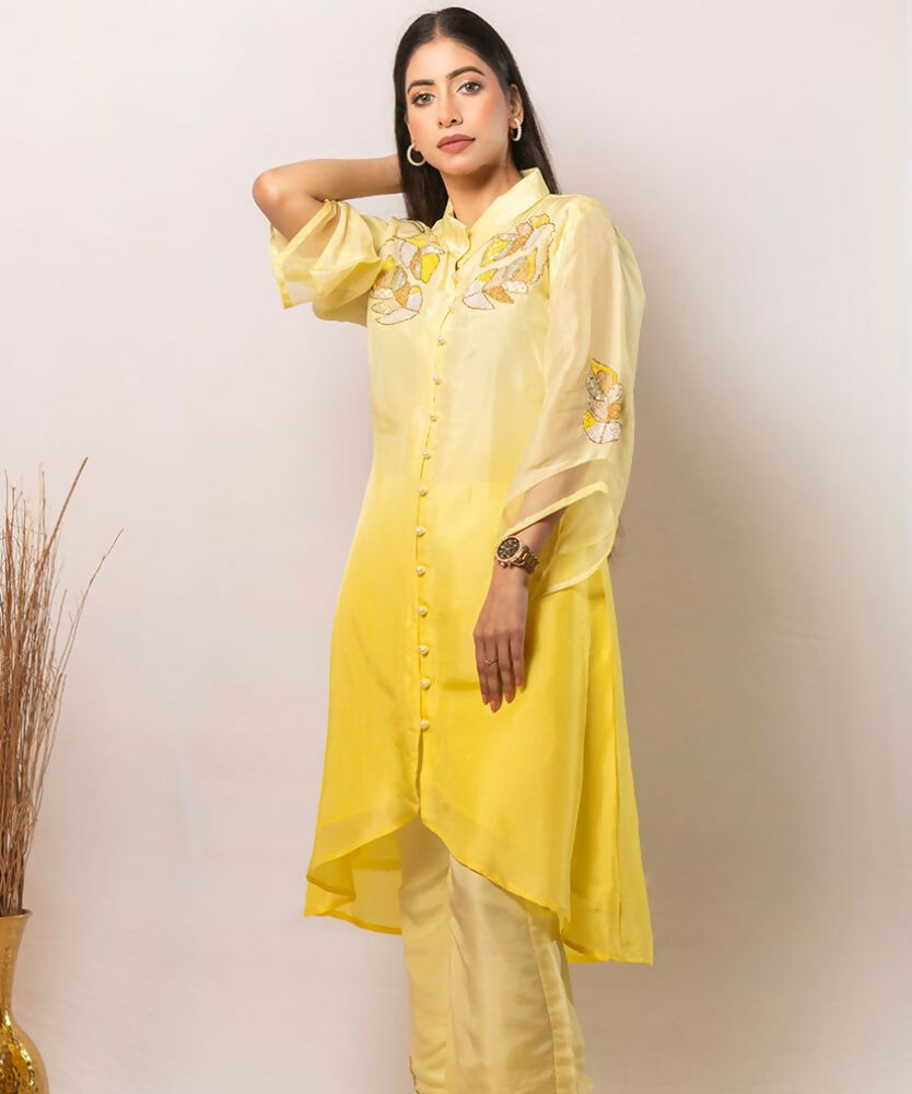 Timaraa Aurora Yellow Ombre Shaded Silk Co-Ord Set | Grocsy